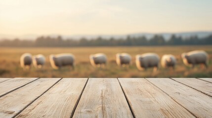 Poster - Wooden table in open field with blurred sheep grazing in the distance, creating a serene and inviting farm atmosphere with earthy tones