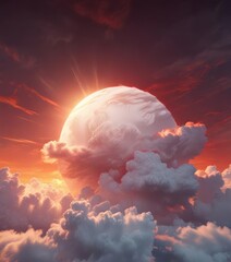 Wall Mural - Soft, white cloud floating in the sky with a bright red sun behind it, sky, scenery, nature