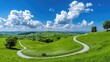 © Kaminashi Nozomi - Winding path through green hills, sunny day, scenic landscape, travel postcard