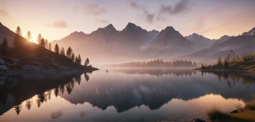 Wall Mural - Softly lit mountainous landscape with a serene lake at dawn, serene lakeside, soft lighting
