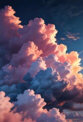 Wall Mural - softly glowing clouds float across a dark blue sky with vibrant hues of pink and orange , full moon,
