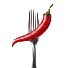 Poster - A vibrant red chili pepper rests atop a gleaming silver fork against a stark black backdrop creating a visually striking image.