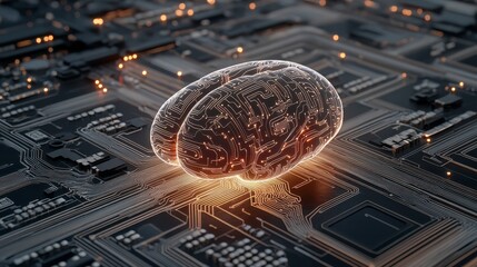 Poster - Illuminated Digital Brain On Dark Circuit Board