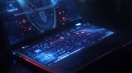 Poster - laptop screen displaying data with a digital network design in dim light, for tech visuals