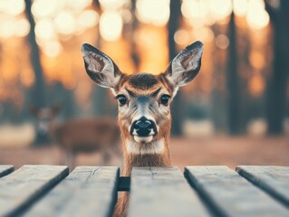 Aufkleber - Deer peers over a wooden table in a serene forest clearing with warm, earthy tones and soft early morning light, creating a tranquil scene