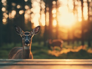 Poster - Curious deer looking at wooden table in forest clearing during golden hour, with another deer blurred in the background
