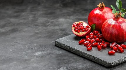 Wall Mural - Fresh pomegranates and garnet seeds arranged on a black slate platter with green leaves in a modern kitchen setting during daylight