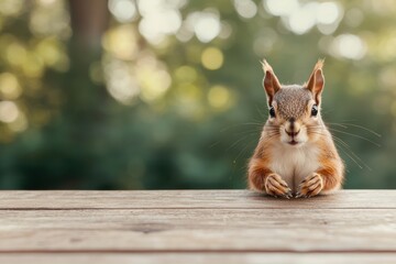 Poster - Squirrel stands on a wooden table in a serene forest setting, with soft sunlight filtering through the trees, creating a calm and earthy atmosphere