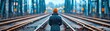 © tawat - Silhouette of man on railway tracks at sunset, journey into the golden hour