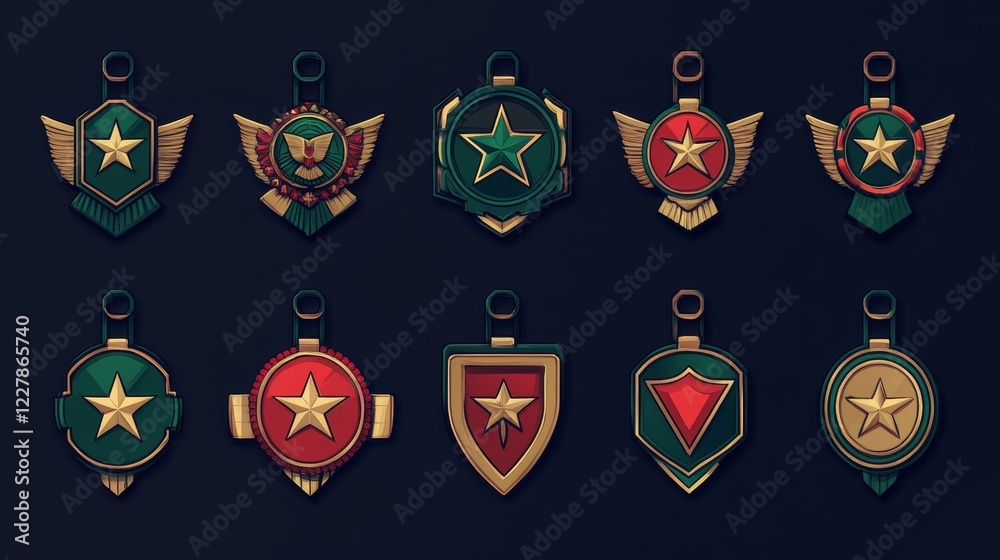Set of military game rank icons isolated on dark blue background ...