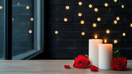 Wall Mural - Two beautifully lit candles, one white and one red, are arranged with roses on a rustic wooden surface, creating a warm ambiance