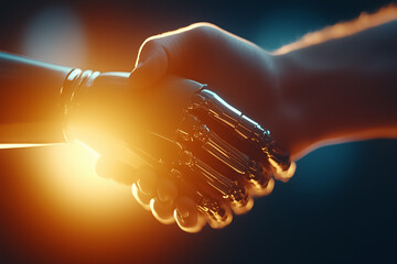 Poster - A human hand meets a robotic arm in a stylized handshake, representing the potential for collaboration and partnership between technology and humanity. Soft lighting enhances the future-driven theme