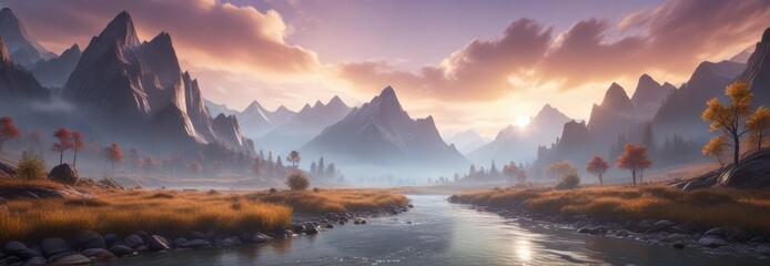 Wall Mural - Serene misty landscape with tall mountains and a winding river in the background , nature, river
