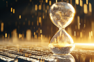 Poster - An hourglass composed of sleek materials fades into flowing digital code, set against a neutral background illuminated by soft, even light at midday