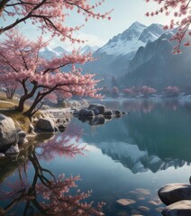 Wall Mural - Serene alpine scene with a frozen lake reflecting snow-capped mountains and a few cherry blossom flowers still clinging to their stems, alpine scenery, tranquil atmosphere