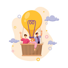 Aufkleber - Team Interaction with Man and Woman Fly on Hot Air Balloon Work Together Vector Illustration