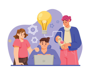 Wall Mural - Team Interaction with Man and Woman with Lightbulb Work Together Vector Illustration