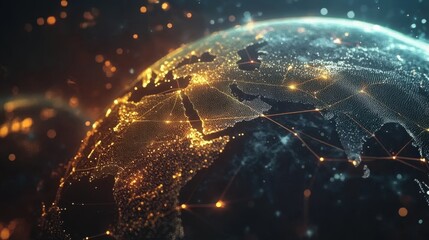 Poster - Golden particles swirling around earth represent global communication and data exchange, highlighting interconnectedness in a dark, cosmic backdrop
