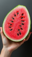 Wall Mural - A hand holding a vibrant, sliced watermelon against a dark background.