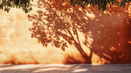 Poster - Shadows of leaves cast on a sunlit orange wall in an outdoor setting