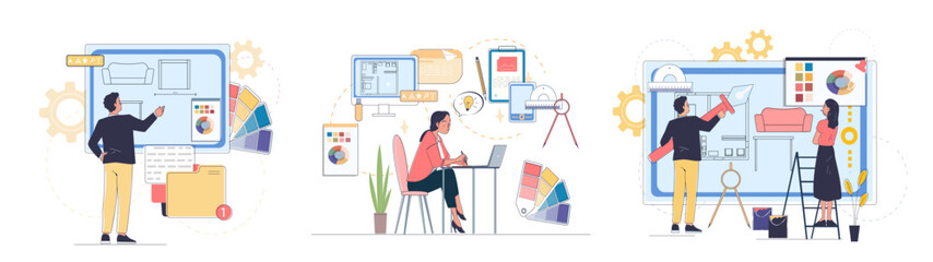 Poster - Illustrations showing people working on interior design projects. Includes design plans, color palettes, and tools on a white background. Creative concept. Vector illustration