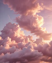 Wall Mural - Pastel pink clouds drifting lazily across the sky at sunrise with warm golden light casting a gentle glow over the scene, , gentle glow