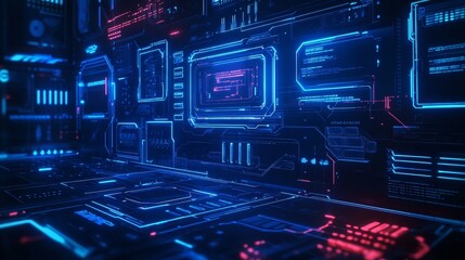Fototapete - Hud frames set for computer game ui isolated on black background. Vector realistic illustration of neon blue borders, futuristic scifi interface design elements, gaming menu box, abstract circuit chip
