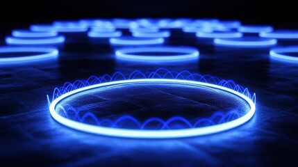 Aufkleber - Glowing blue circles realistic set isolated on black background. Vector illustration of glowing neon rings with motion effect. Round trace of thunder energy swirling at high speed. Magic light