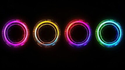 Fototapete - Neon circle frame with glitch effect. Realistic vector illustration set of retro futuristic ring design borders with tv color bugs and digital distortions. Abstract geometric holographic border.