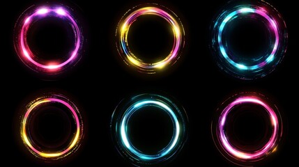Fototapete - Neon circle frame with glitch effect. Realistic vector illustration set of retro futuristic ring design borders with tv color bugs and digital distortions. Abstract geometric holographic border.