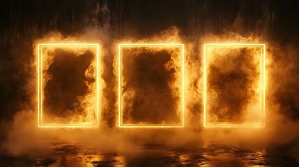 Poster - Neon glowing frame with smoke. Realistic vector illustration set of rectangular and round shape light futuristic door or magic portal with steam. Colorful line led luminous cyber border with fog.