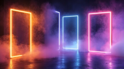 Poster - Neon glowing frame with smoke. Realistic vector illustration set of rectangular and round shape light futuristic door or magic portal with steam. Colorful line led luminous cyber border with fog.