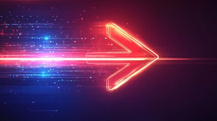 Poster - Abstract red neon arrow light glow background. Futuristic cyber laser line motion banner for casino. Dynamic techno perspective beam 3d graphic design. Cool party power and energy boost led tunnel