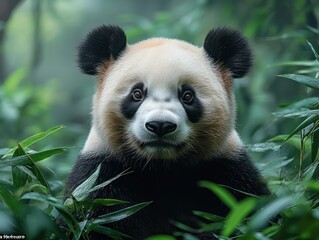 giant panda in a lush bamboo forest looks directly at the viewer with dark eyes