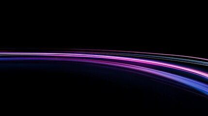 Poster - High speed race curve lines with glow neon effect. Blue and pink luminous dynamic trail of fast car lights movement. Realistic vector illustration of energy flash going away action on black background