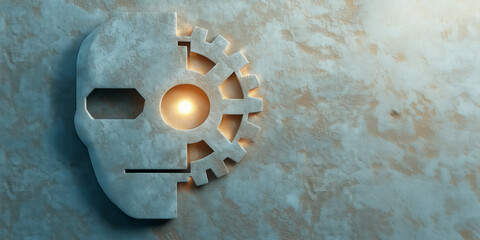 Poster - A minimalist robot face is set within a simple gear outline, creating a symbol of mechanical intelligence. The neutral backdrop and even midday light enhance the clean design