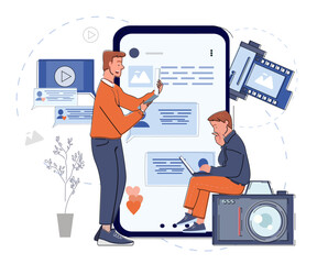 Poster - two people interacting with a smartphone, surrounded by chat bubbles, camera elements, and media ico