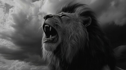 Wall Mural - Black and white portrait of a majestic lion roaring, its mane flowing in the wind, with a bold and fierce expression, set against a dramatic stormy background.