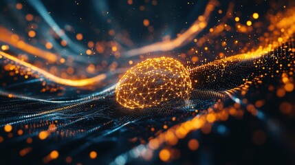 Poster - Plexus style digital sphere is glowing orange and floating over a dynamic blue and orange wave surface with depth of field and particles simulating a futuristic technology