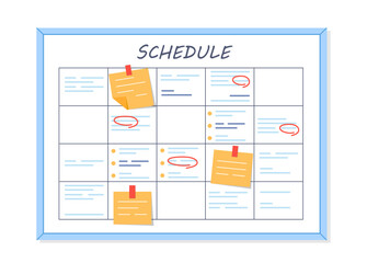 Poster - Illustration of a weekly schedule board with sticky notes pinned on various days. Minimalist design on a white background. Concept of planning and organization. Vector illustration.