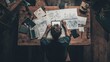 © musa - Overhead view of a man working on a tablet surrounded by drawings and papers on a wooden desk.