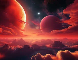Wall Mural - crimson cloudscape a giant orange celestial body rising above a sea of red clouds under a starry nig