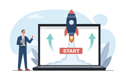 Poster - Rocket launching from laptop screen with Start button, two professionals standing nearby, on a white background. Concept of startup and innovation. Vector illustration