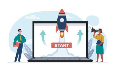 Poster - Rocket launching from laptop screen with Start button, two professionals standing nearby, on a white background. Concept of startup and innovation. Vector illustration