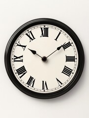 Leinwandbilder - Classic black wall clock showing Roman numerals with elegant design and simple hands in a clean setting. Generative AI