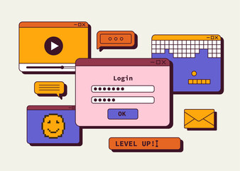 Poster - retro-style digital interface elements, including login forms, chats, videos, and icons, in bold, co