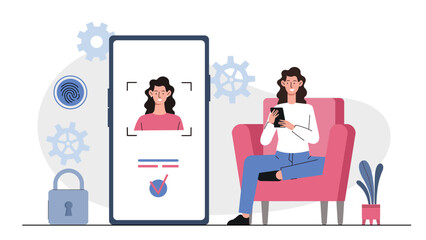 Poster - Woman using facial recognition on a smartphone, large device screen with a, fingerprint icon, and lock icon, light background. Vector illustration