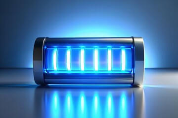 Poster - Futuristic Battery Charging Indicator: Low to Full, Blue LED Light on White Background