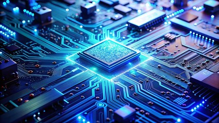 Poster - Futuristic Blue Glowing Circuit Board Macro: Digital Innovation & Tech