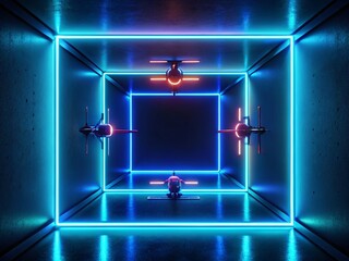 Poster - Futuristic Neon Square Frame Illuminates Dark Blue Room - Drone Aerial Minimalist Photography